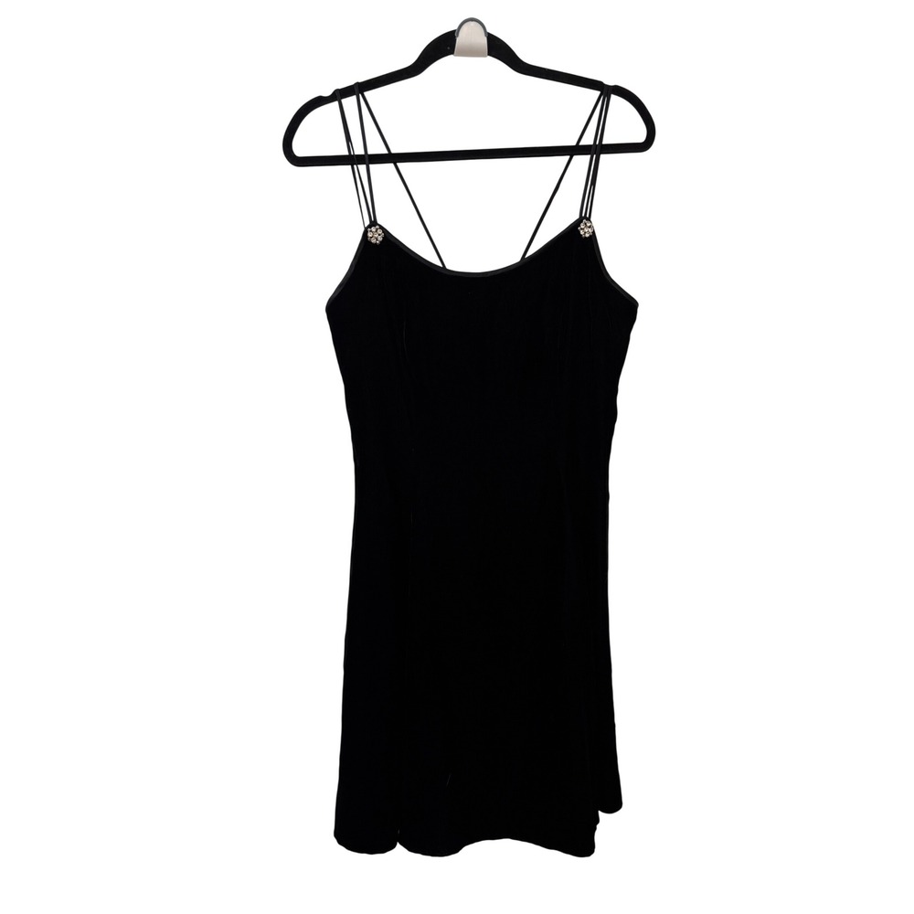 Lori Ann Petite Montreal Black Velvet Mini Dress Rhinestone Strappy Vintage 12P